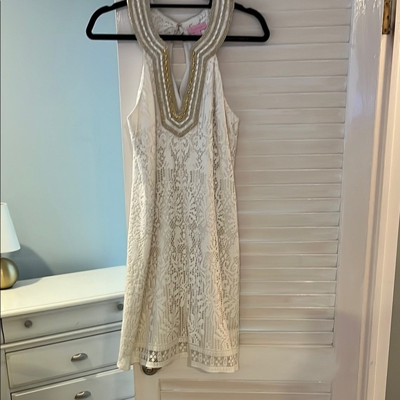 Lilly Pulitzer Dresses & Skirts - Elegant White Lace Dress with Gold Accents